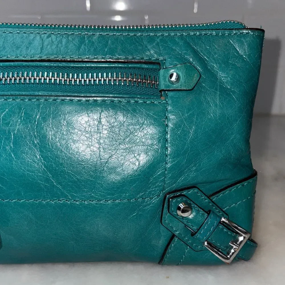 Michael Kors Purse Bag Fallon Large Leather Zip Clutch Wristlet Teal Aqua HTF
